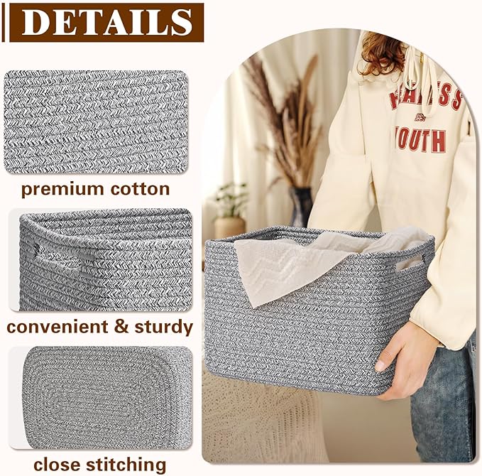 Storage Baskets for Organizing, 4 Pack Baskets for Shelves, Decorative Storage Bins for Shelves, Cotton Rope Storage Basket with Handles, Woven Basket for Storage, 13''Lx8.7''Wx7.9''H, Gray