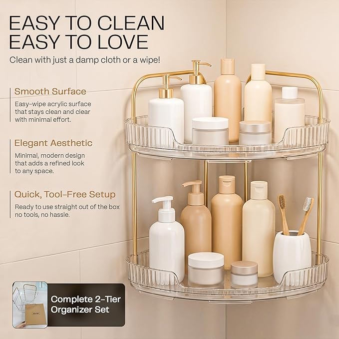 2-Tier Acrylic Corner Bathroom Organizer with Handle – Round Skincare & Makeup Storage Tray, Waterproof, Lightweight, Heat Resistant Vanity Shelf for Countertop, Kitchen, Bedroom, Dresser