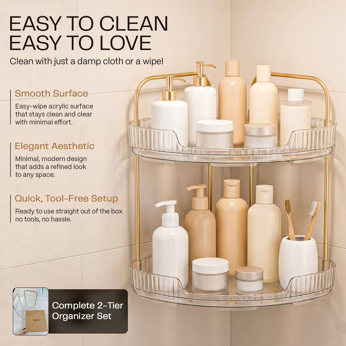 2-Tier Acrylic Corner Bathroom Organizer, 9" x 9" x 11" Large Round Countertop Shelf with Handle, Clear Acrylic Skincare & Makeup Storage Tray, Waterproof Vanity Organizer for Kitchen & Dresser