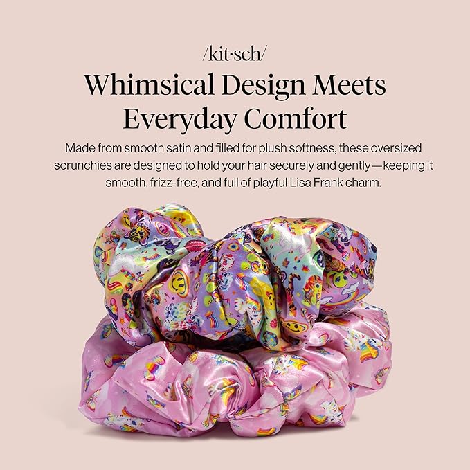 Lisa Frank x Kitsch Pillow Satin Scrunchies for Women - Hair Ties No Damage, No Crease Hair Accessories | For Day or Night Use - 2pcs