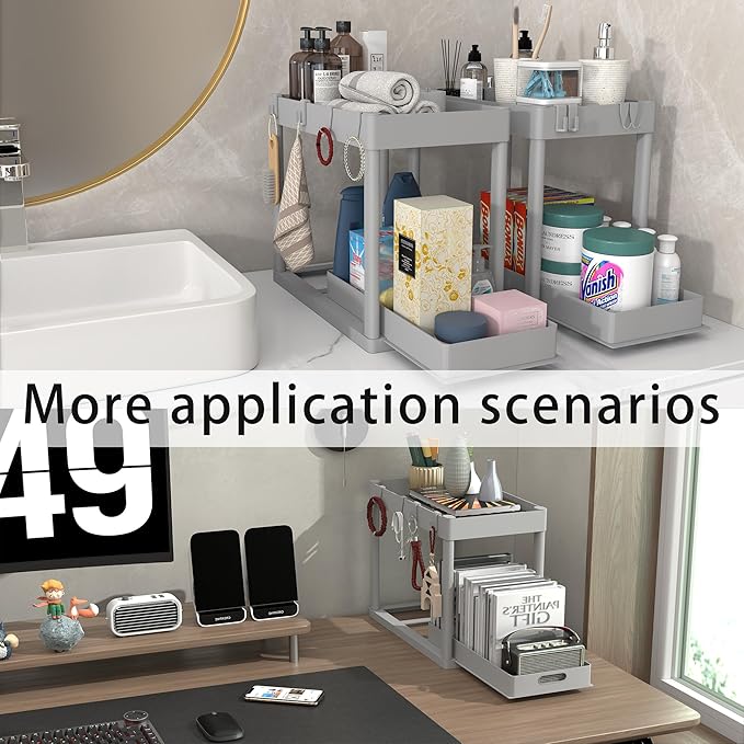 POUGNY 2PC Under Sink Organizer Rack 2 Tier Under Sliding Cabinet Basket Organizer Drawer with 4 Hooks, Multi-purpose Under Sink Storage for Bathroom Kitchen Desktop（Grey）