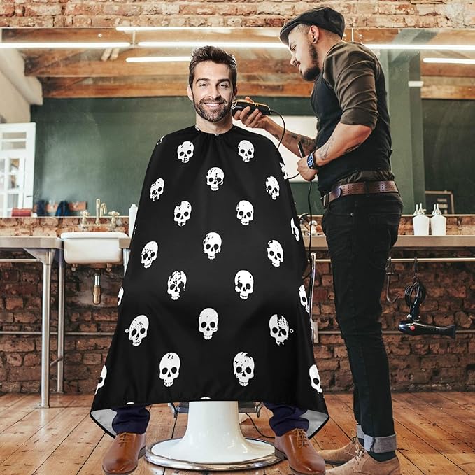 visesunny Barber Cape White Skull Black Pattern Polyester Hair Cutting Salon Cape Apron Anti-Static Haircut Shaving Cloth Beard Shaving Bib Hairdressing Cape