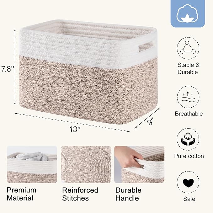 SIXDOVE 4 Pack Storage Baskets for Organizing, Woven Baskets for Shelves - Perfect for Toys, Books, Towels, and Clothes, Durable Gift Basket Bins Toy Storage, 12.7''Lx9''Wx7.8''H, Brown & White