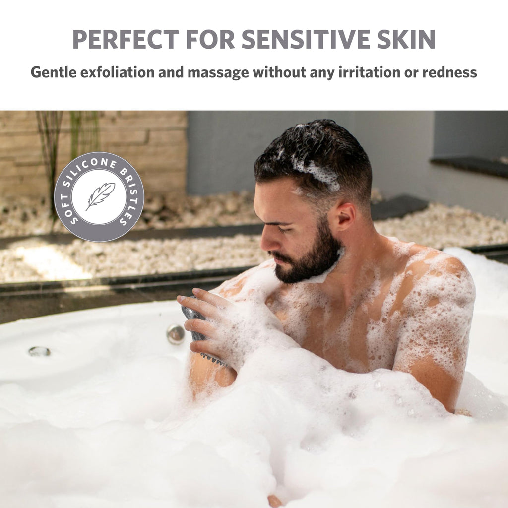 Sndyi Silicone Body Scrubber, Gentle Exfoliating Body Scrubber for Sensitive Skin, Leaf Shaped Shower Scrubber for Body with Lathering Bristles, Silicone Loofah Body Brush for Showering, Gray