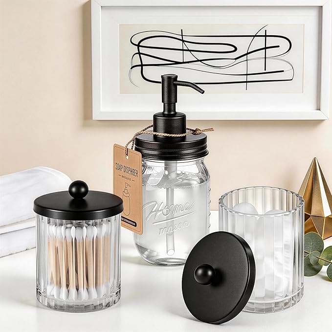 Amolliar Qtip Holder Dispenser for Cotton Swabs, Cotton Balls, Pads, Floss Picks, Clear Glass Canister Apothecary Jar, Bathroom Essential Accessories Decor, Bathroom Storage Organizer (Black, 4 Pack)