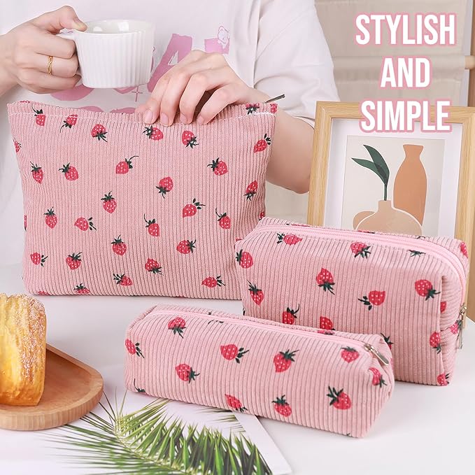 Gocvo 3 Pcs Makeup Bag Cosmetic Bag Set for Girls Women Travel Organizer Bathroom Toiletry Pouch Large Capacity Storage Bag (Strawberry Pink)