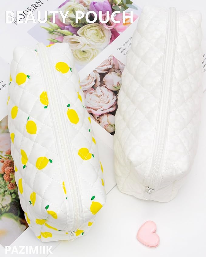 PAZIMIIK Small Quilted Makeup Bag,Zipper Cosmetic Pouch,Lemon White