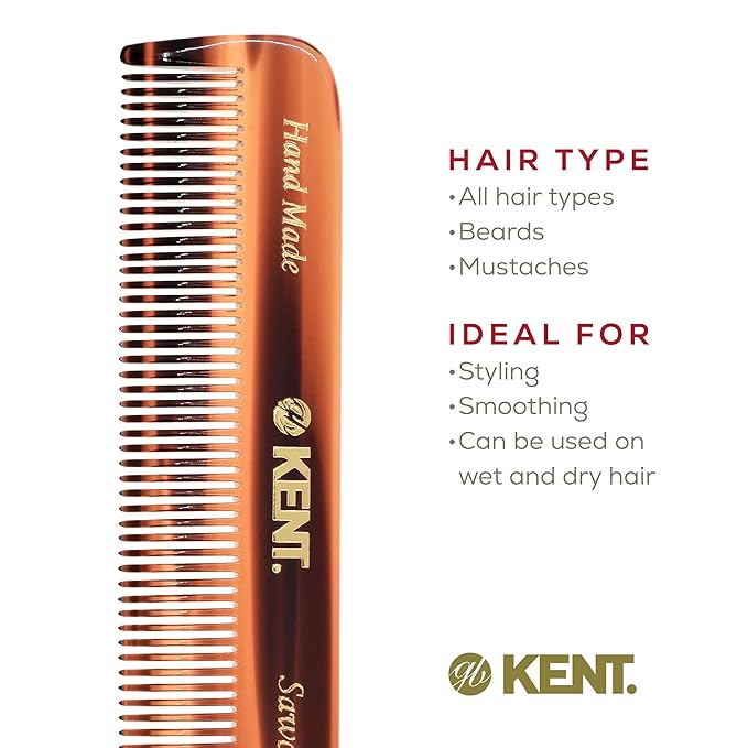 Kent FOT Fine Tooth Handmade Pocket Comb for Men, Women and Kids, Hair Comb Straightener for Everyday Grooming and Styling, Beard and Mustache, Saw Cut, Hand Polished, Made in England