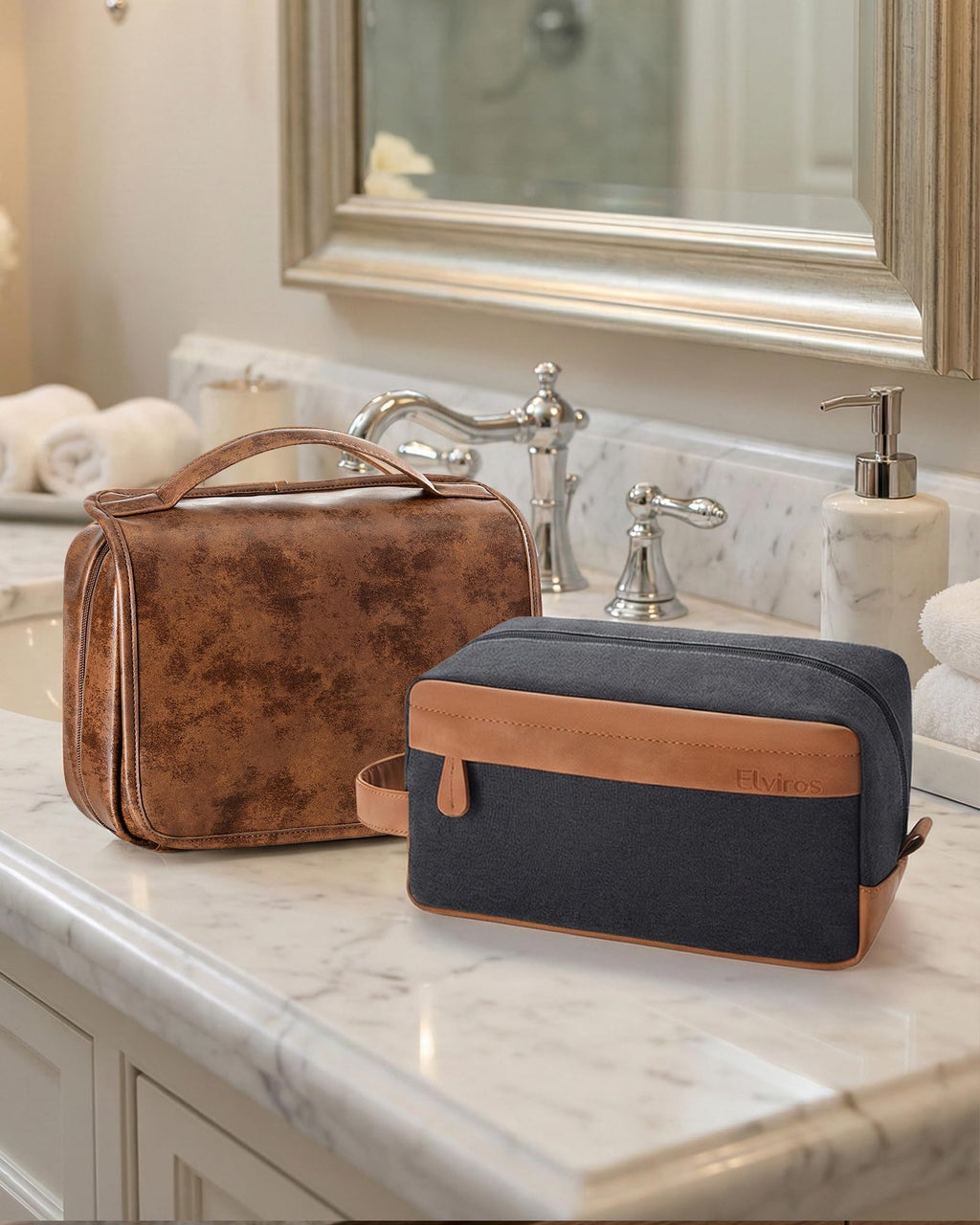 Elviros Hanging Travel Toiletry Bag Gift for Men，Mens Toiletries Bag Gifts Set Shaving Dopp Kit Water-resistant Bathroom Toiletries Organizer PU Leather Cosmetic Bags 2 Pack