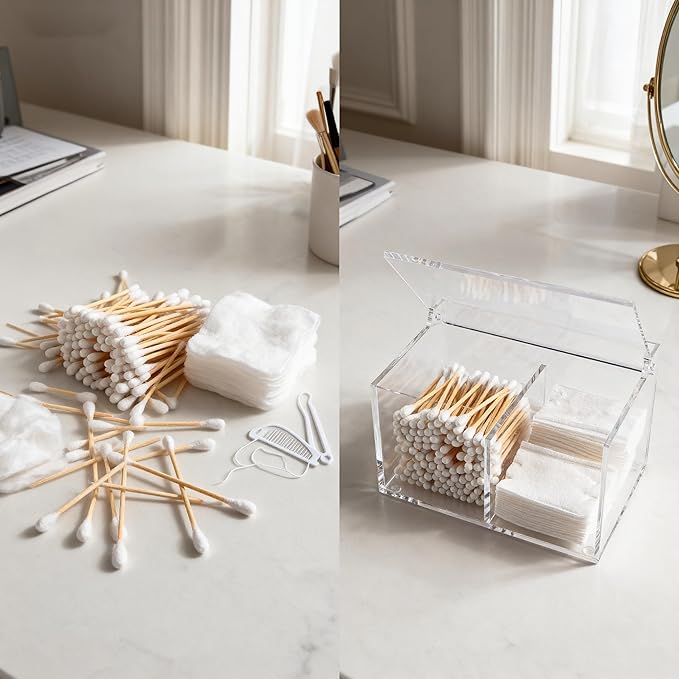 Dealpoli Clear Acrylic Cotton Swab Ball Holder Qtip Organizer with Lid 2-Grid Canister for Make Up Pads, Floss Picks, Vanity Storage,Bath Salts, Cosmetics, Home Bathroom Decor (DP004)
