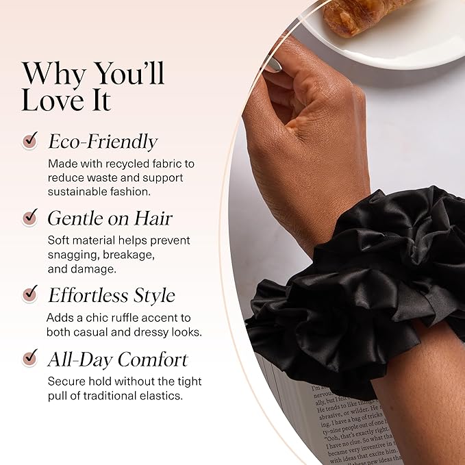 Kitsch Recycled Satin Ruffle Scrunchie – Gentle Hair Scrunchie for Women, Eco-Friendly Hair Tie No Damage, Stylish Ponytail Holder - Black