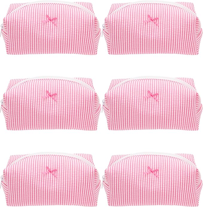 Cozy Makeup Bag for Women,Zipper Cosmetic Pouch,Stripe Candy Pink,6 Pack