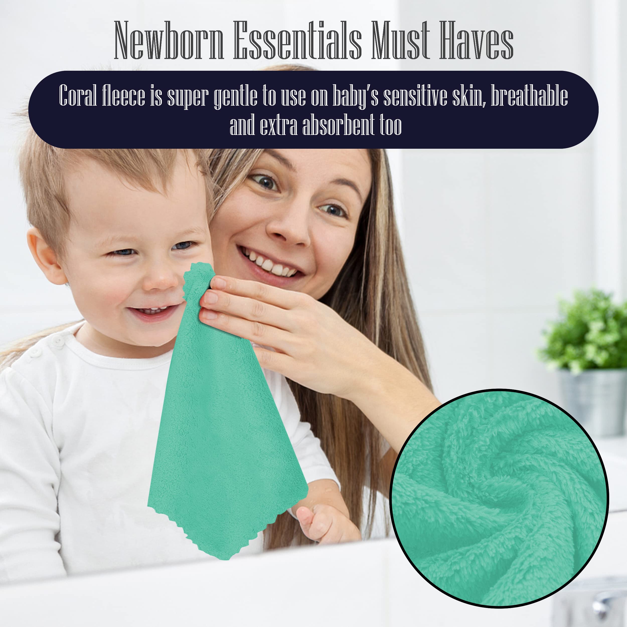 32 Pack Baby Washcloths - 10x10 Inch, Coral Fleece - Extra Absorbent and Soft Wash Clothes for Newborns, Infants and Toddlers - Suitable for Sensitive Skin and New Born - Baby Shower - Aqua Green