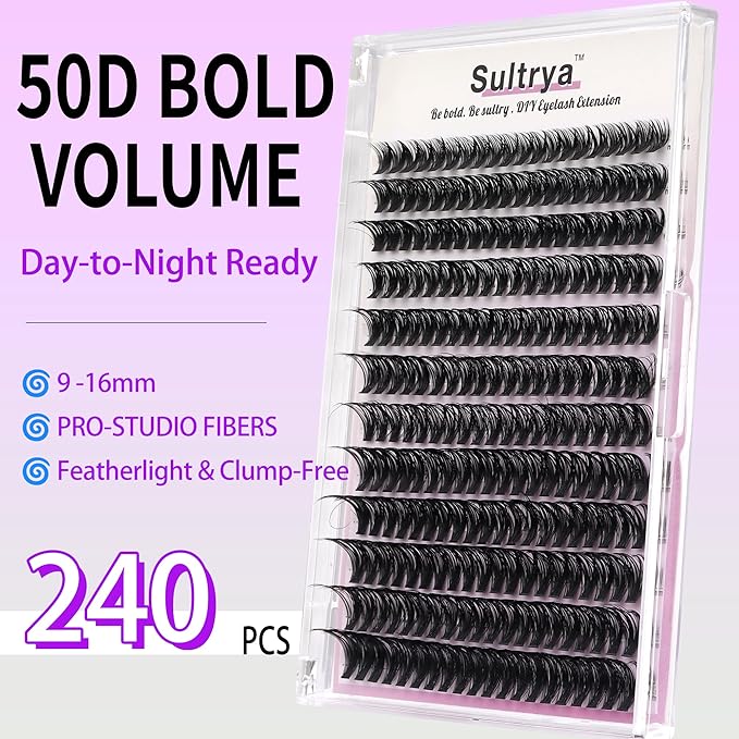 50D Lash Clusters 240 PCS – DIY Individual Eyelash Extensions, Volume Wispy D Curl Cluster Lashes, Natural Look False Eyelashes for Daily Wear, Easy Self Application, Lightweight (9–16mm, 50D)