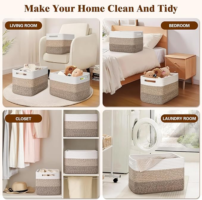 Storage Baskets for Organizing, 4 Pack Baskets for Shelves, Decorative Storage Bins for Shelves, Cotton Rope Storage Basket with Handles, Woven Basket for Storage, 13''Lx8.7''Wx7.9''H, Gradient Brown