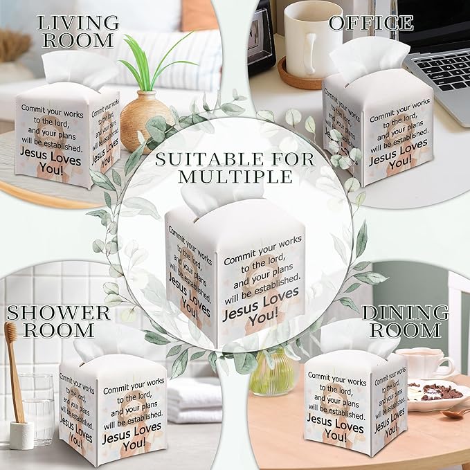 Christian Square Tissue Box Cover, PU Leather Drawstring Bottom - Commit Your Work to the Lord, Appreciation, Farewell, Retirement Gift for Christian Friends, Colleagues | Decorative Organizer