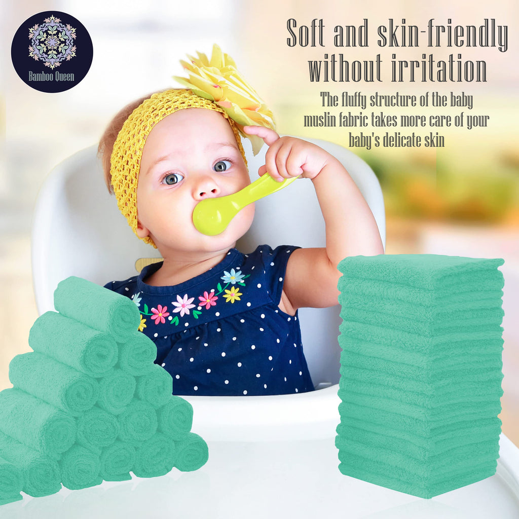 32 Pack Baby Washcloths - 10x10 Inch, Coral Fleece - Extra Absorbent and Soft Wash Clothes for Newborns, Infants and Toddlers - Suitable for Sensitive Skin and New Born - Baby Shower - Aqua Green