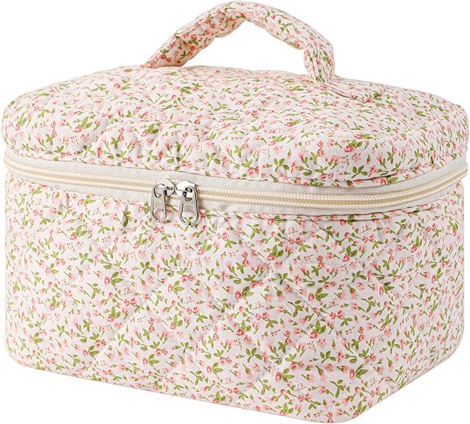 uekeboag Large Travel Quilted Makeup Bag for Women, Floral Cotton Cosmetic Bag, Coquette Aesthetic Floral Toiletry Organizer Bag(Little Pink Flower