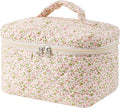 uekeboag Large Travel Quilted Makeup Bag for Women, Floral Cotton Cosmetic Bag, Coquette Aesthetic Floral Toiletry Organizer Bag(Little Pink Flower