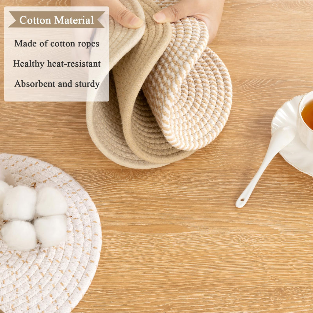 SHACOS 10 Inches Trivets for Hot Dishes, 4 Pieces Cotton Trivets Mats for Kitchen, Hot Pads for Countertops and Table, Heat-Resistant Pot Holders for Hot Pots and Pans(Khaki, 4pcs)