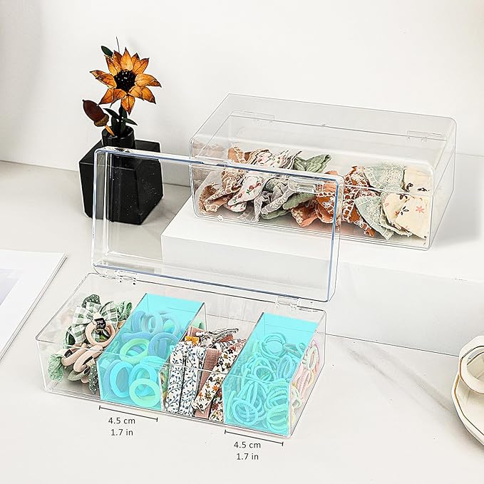 JessLab Hair Accessories Organizer for Girls, Acrylic Hair Bow Tie Clip Scrunchie Holder with Dividers, Clear Stackable Storage Box for Bathroom, Bedroom, Vanity Countertop (4 Compartment)