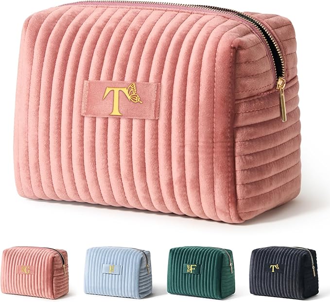 COSHAYSOO Travel Makeup Bag Quilted Make Up Pouch Initial Cosmetic Case with Butterfly Decorations for Women Lipstick Glossier Lipgloss Lip Stain Moisturizer Mascara Eyeliner Organizer Black Letter P