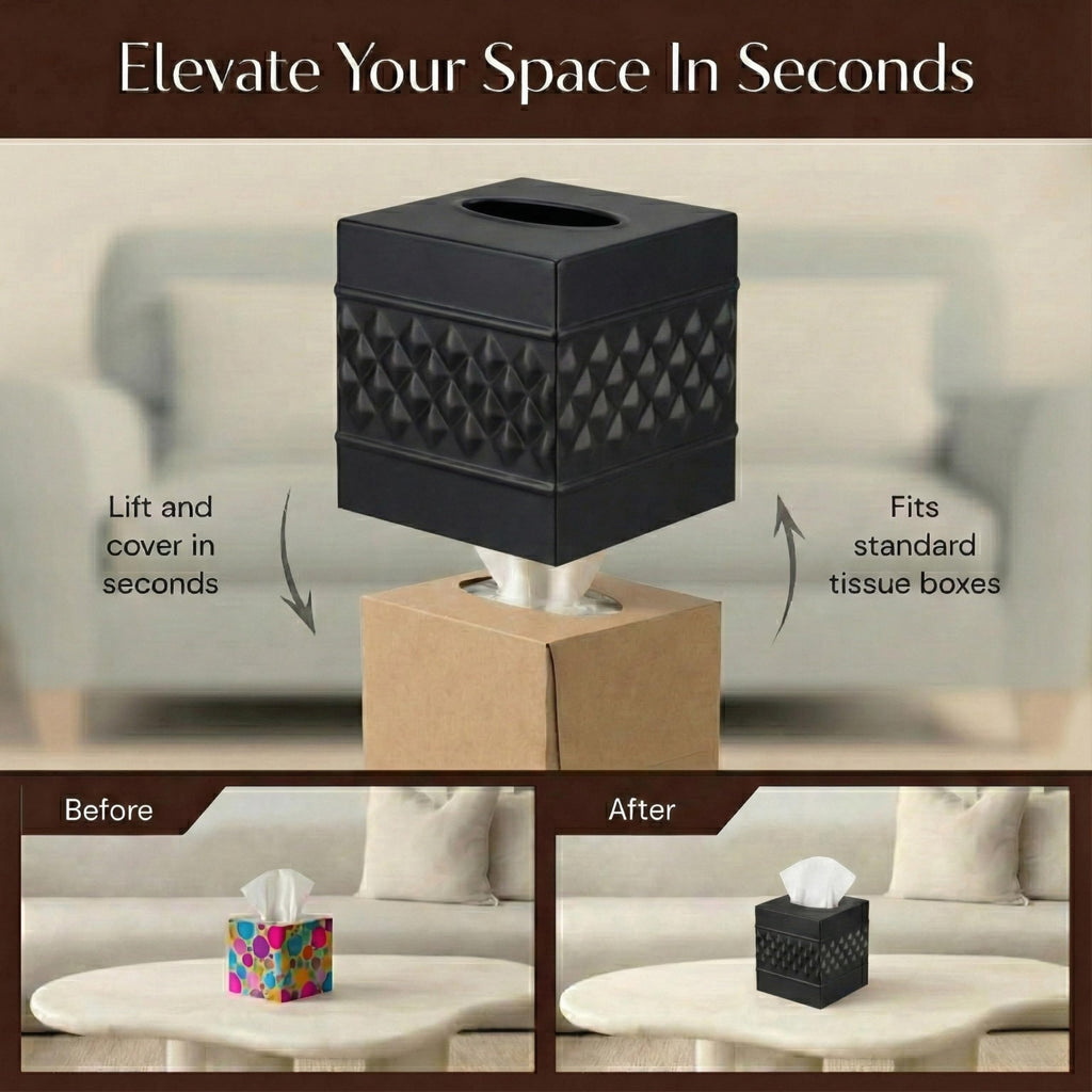 Monarch Abode Tissue Box Cover Square – Handcrafted Geo Embossed Black Metal Tissue Holder Box for Bathroom Accessory, Aesthetic Decorative Facial Napkin Cube for Modern Home Décor