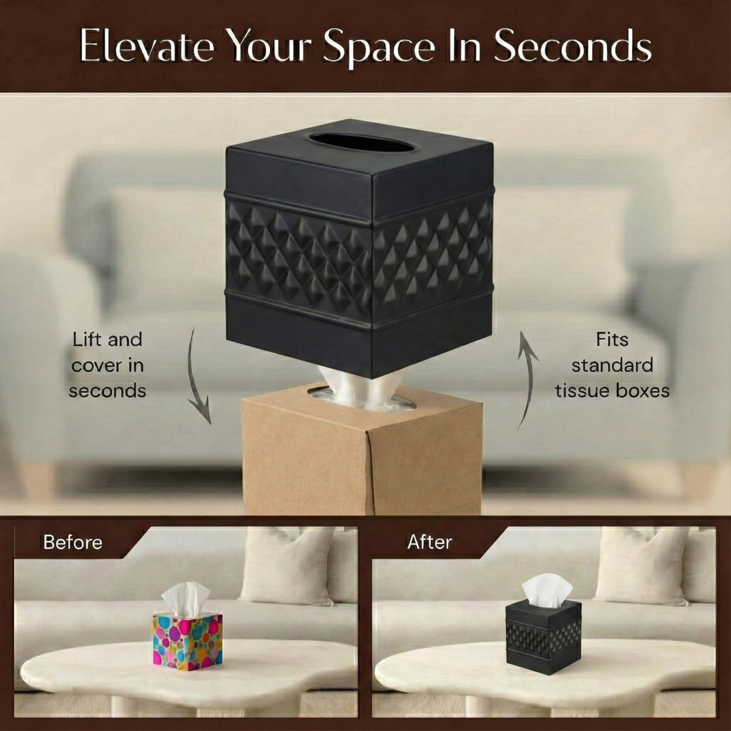 Monarch Abode Tissue Box Cover Square – Handcrafted Geo Embossed Black Metal Tissue Holder Box for Bathroom Accessory, Aesthetic Decorative Facial Napkin Cube for Modern Home Décor
