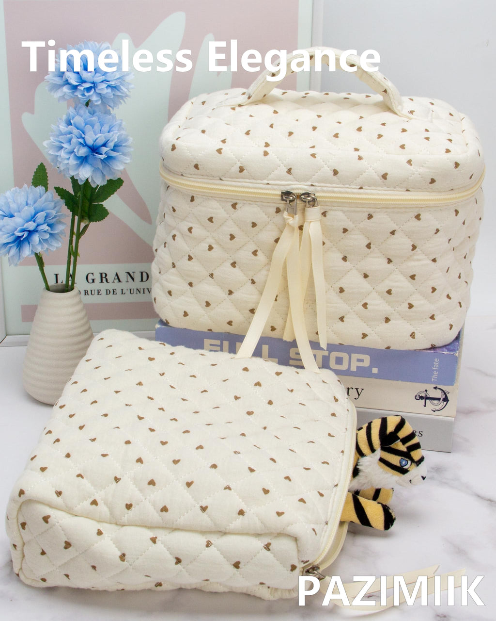 Quilted Makeup Bag for Women, Travel Cosmetic&Toiletry Bag,Gauze Heart