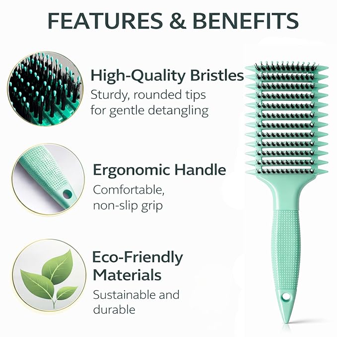 Curl Defining Brush with Hair Clips – Detangling Tool for Wet or Dry Styling, Ideal for Curly Hair, Women & Girls (Green)