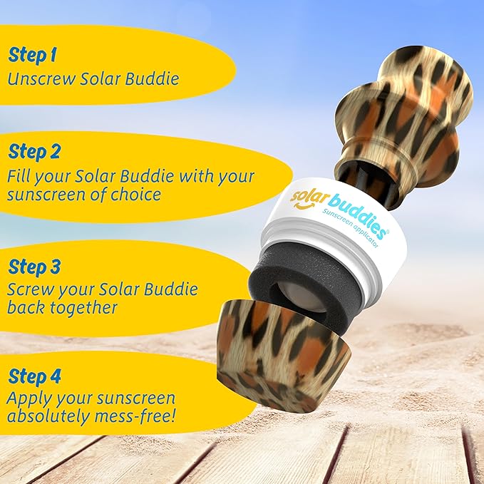 Solar Buddies Sunscreen Applicator - Leopard Single - Refillable Roll on Sponge Sunscreen, Suncream & Lotion Applicator For Kids, Adults & Families - Holds 3.4fl oz, Perfect Size for Travel