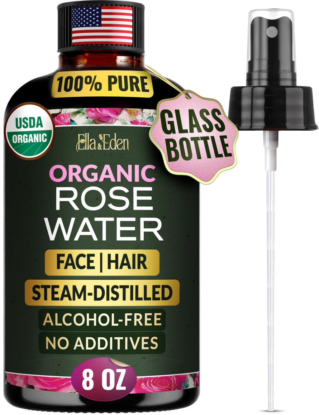 Organic Rose Water Spray for Face & Hair, 100% Pure, Alcohol Free, 8 Oz