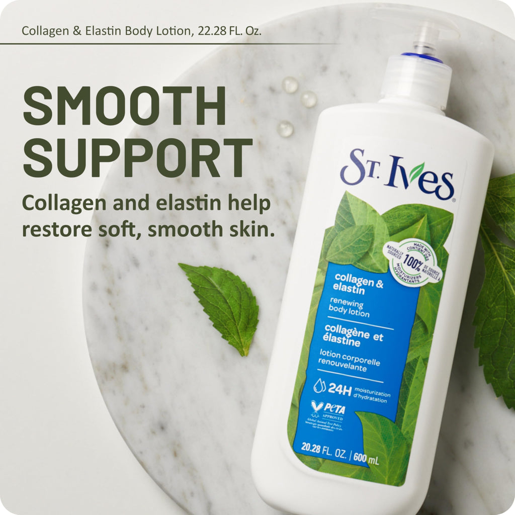 St. Ives Renewing Hand & Body Lotion for Women with Pump, Daily Moisturizer Collagen Elastin for Dry Skin, Made with 100% Natural Moisturizers, 21 fl oz, 4 Pack