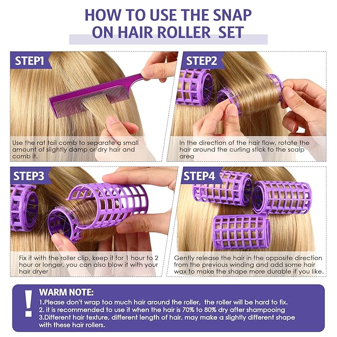 Syhood 12 Pcs Plastic Hair Rollers for Women Large Size Curlers Set Snap Roller Clips with Rat Tail Comb for Long Medium Short Hair Bangs, Salon Hairdressing Styling Tool(2.6 x 1.4 Inch,Purple)