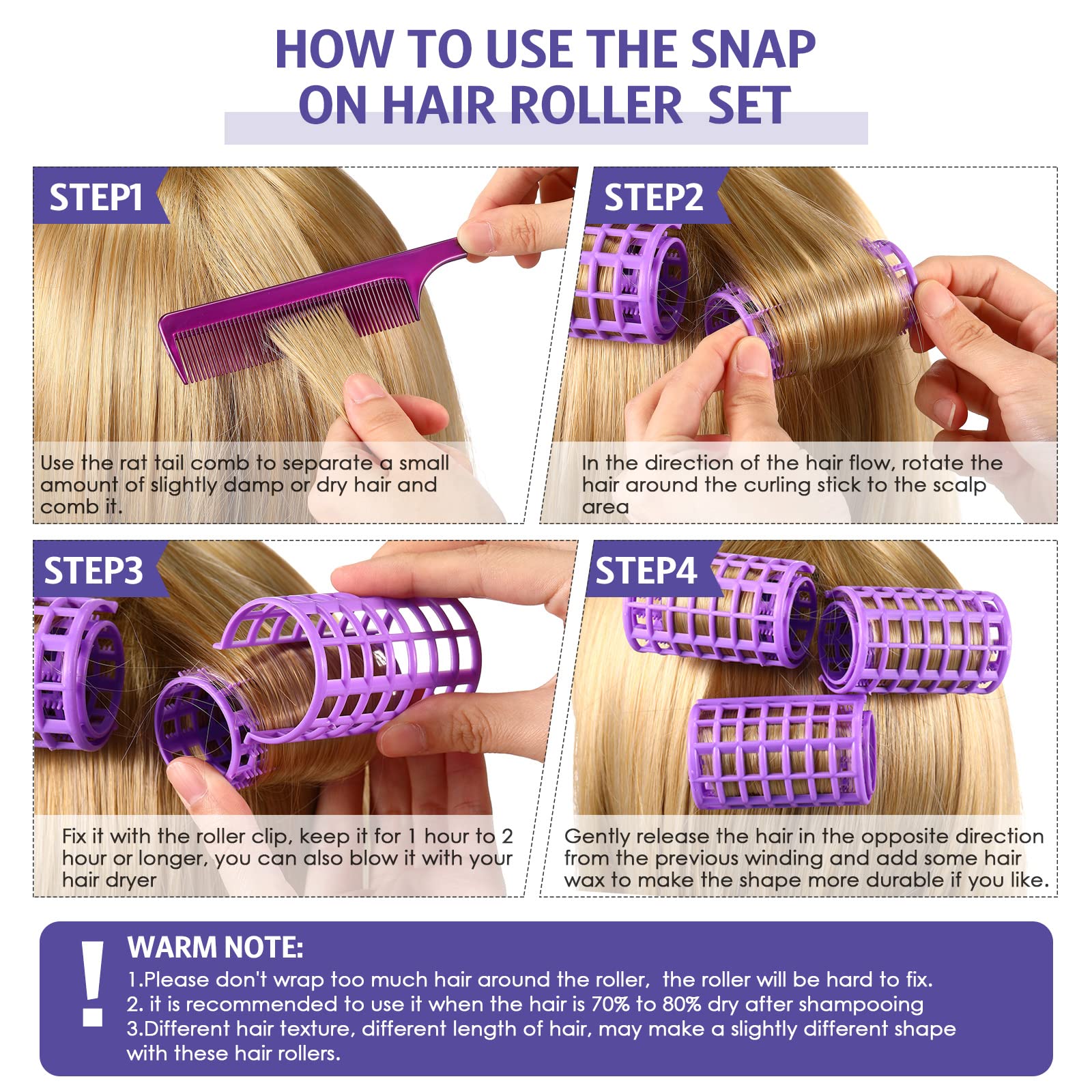 Syhood 12 Pcs Plastic Hair Rollers for Women Large Size Curlers Set Snap Roller Clips with Rat Tail Comb for Long Medium Short Hair Bangs, Salon Hairdressing Styling Tool(2.6 x 1.4 Inch,Purple)