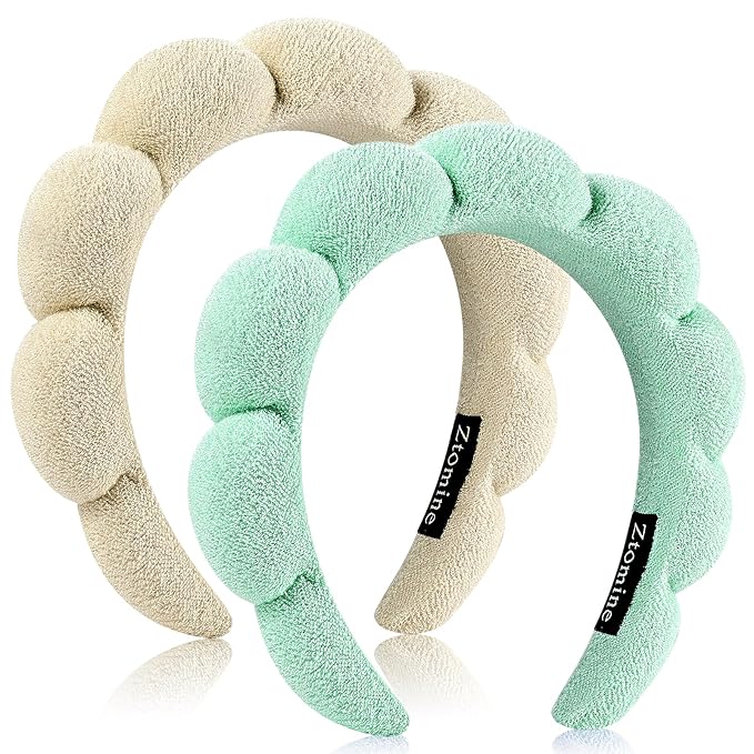 Ztomine Spa Headbands, Set of 2, Terry Cloth Headband Face Wash Headband Combo Pack - Puffy Makeup Headbands for Face Washing, Mask (beige + turquoise)