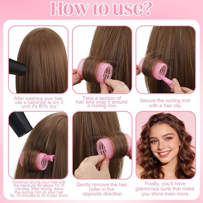 64 PCS Travel Hair Rollers Set for Women - 5 Sizes Self Grip Curlers with 2 Volumizing Roller Clips, 30 Pcs Clips & Comb in Portable Makeup Bag for Long/Medium/Short Hair & Bangs, Pink