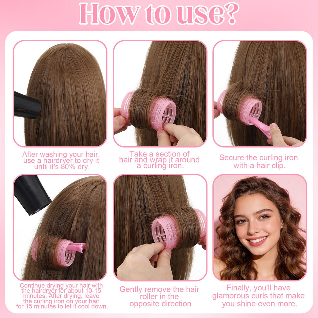 64 PCS Travel Hair Rollers Set for Women - 5 Sizes Self Grip Curlers with 2 Volumizing Roller Clips, 30 Pcs Clips & Comb in Portable Makeup Bag for Long/Medium/Short Hair & Bangs, Pink