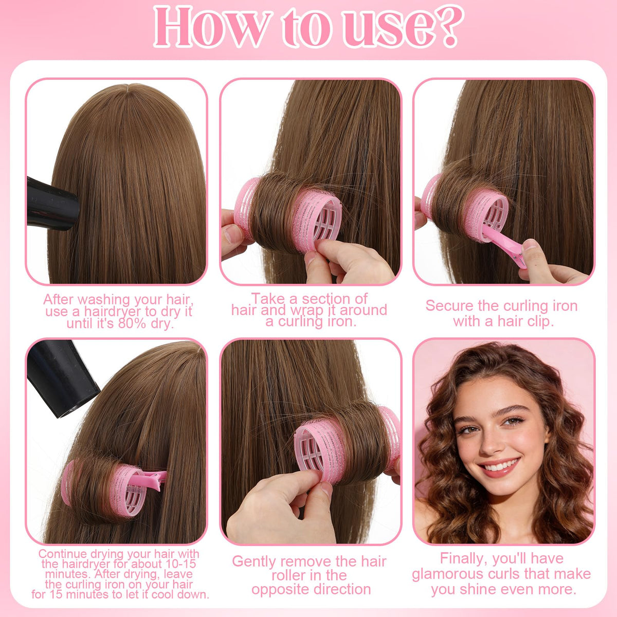 64 PCS Travel Hair Rollers Set for Women - 5 Sizes Self Grip Curlers with 2 Volumizing Roller Clips, 30 Pcs Clips & Comb in Portable Makeup Bag for Long/Medium/Short Hair & Bangs, Pink