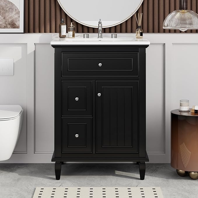 Harper & Bright Designs 24" Bathroom Vanity with Sink, Free Standing Single Basin Vanity Set with Tip-Out Drawer, 2 Drawers, and One Door, Wood Bathroom Cabinet with Ceramic Basin for Bathroom, Black