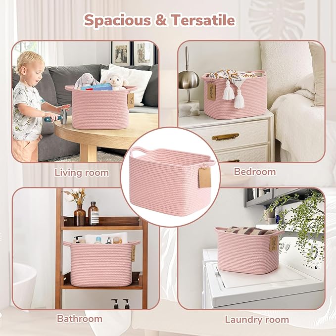 Goodpick Woven Storage Basket for Shelves, Small Baskets for Organizing, Rectangle Baby Nursery basket, Towel Baskets for Bathroom, Living Room, 13 x 10 x 9 Inches, Light Pink