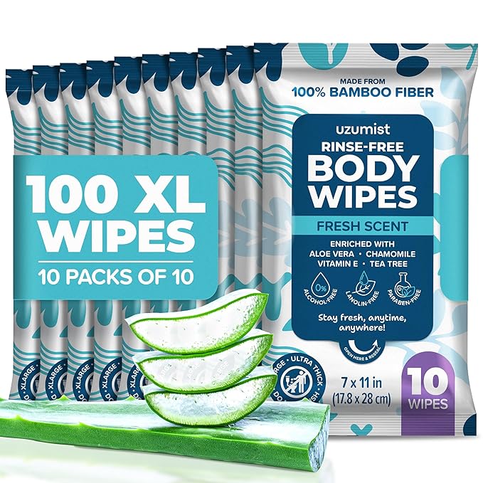 Body Wipes For Adults Bathing No Rinse - 100XL Thick Shower Wipes For Adults No Rinse, 10 Packs of 10 Adult Wipes for Men, Women, Personal Cleansing, Daily Hygiene, Bedridden & Elderly Care, Travel