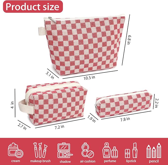 Beayuva 3 Pcs Canvas Makeup Bag Set Checkered Cosmetic Pouch for Women Travel Toiletry Bag Cute Makeup Organizer Purse Pouch Preppy Pencil Case with Zipper (Checkered Red)