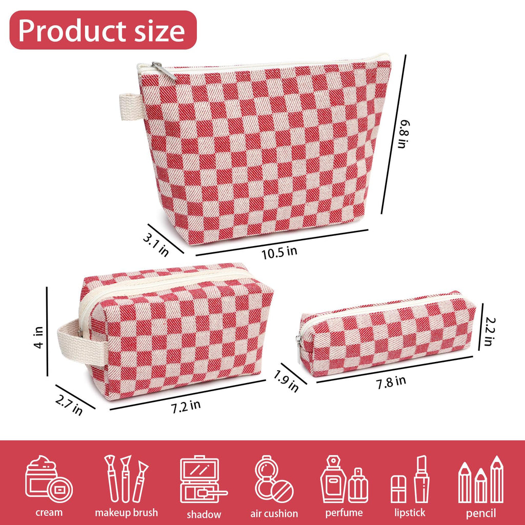 Beayuva 3 Pcs Canvas Makeup Bag Set Checkered Cosmetic Pouch for Women Travel Toiletry Bag Cute Makeup Organizer Purse Pouch Preppy Pencil Case with Zipper (Checkered Red)
