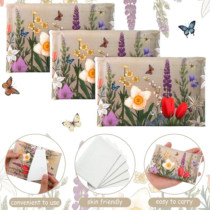 Geyee 50 Packs Tissue Travel Size Facial Paper Napkins Travel Packs Disposable Pocket Tissues for Wedding Guest Traveling School Purse Home Supplies, 500 Sheets 3 Ply(Retro Flower)