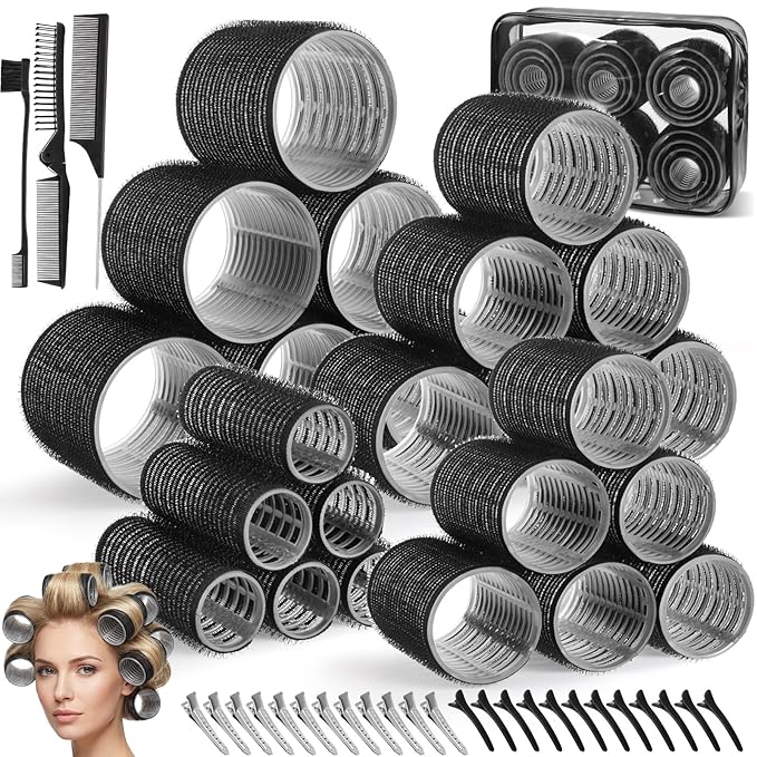 Obeoby 4 Sizes Hair Rollers for Women, Hair Curlers with Clips Comb Curlers for Long Short Curly Hair and Bangs (25, 36, 48, 60mm), Black