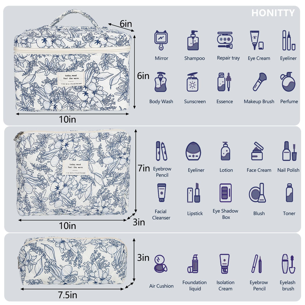honitty Makeup Bag,Quilted Cosmetic Bags,Large Floral Make Up Organize bag,Makeup Bag Set for Women,Flower Travel Toiletry Bag