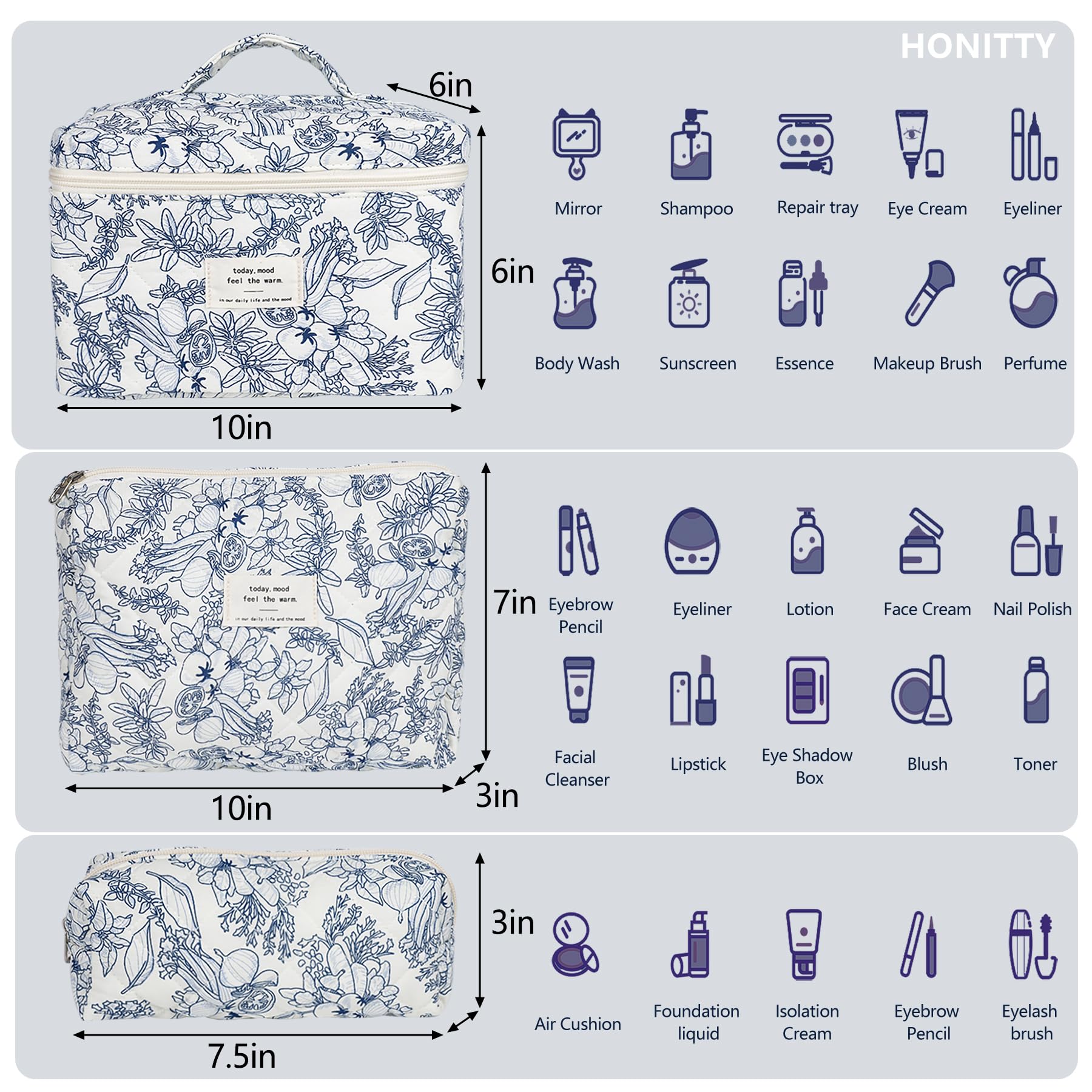 honitty Makeup Bag,Quilted Cosmetic Bags,Large Floral Make Up Organize bag,Makeup Bag Set for Women,Flower Travel Toiletry Bag