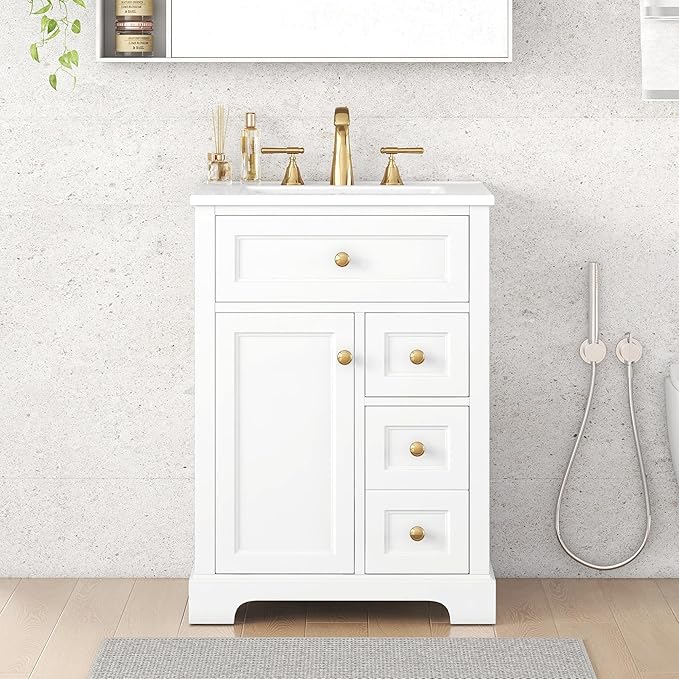 Harper & Bright Designs 24" Bathroom Vanity with Sink, Free Standing Bathroom Vanity Set with Flip Drawer, 2 Drawers, and Storage Rack, Wood Storage Cabinet with Ceramic Basin for Bathroom, White