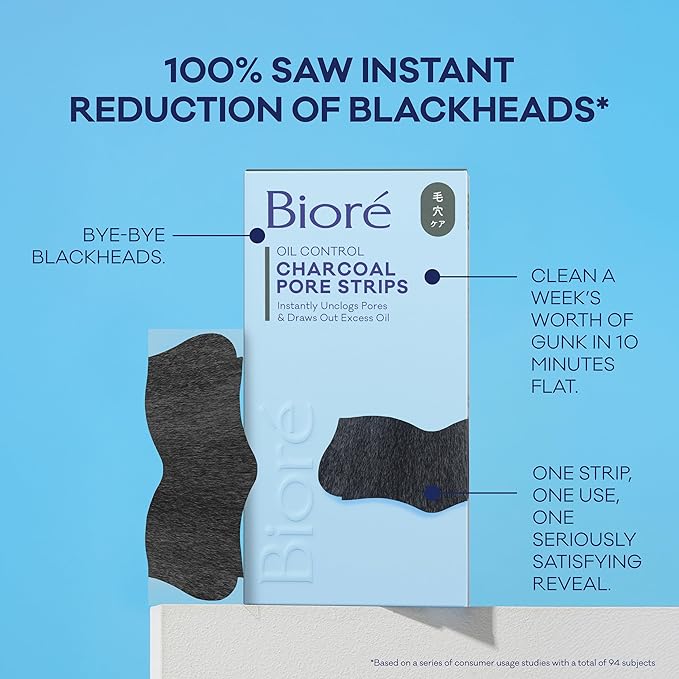 Biore Charcoal Deep Cleansing Pore Strips, Nose Strips for Blackhead Removal on Oily Skin, Features C-Bond Technology with Instant Pore Unclogging, 18 Count